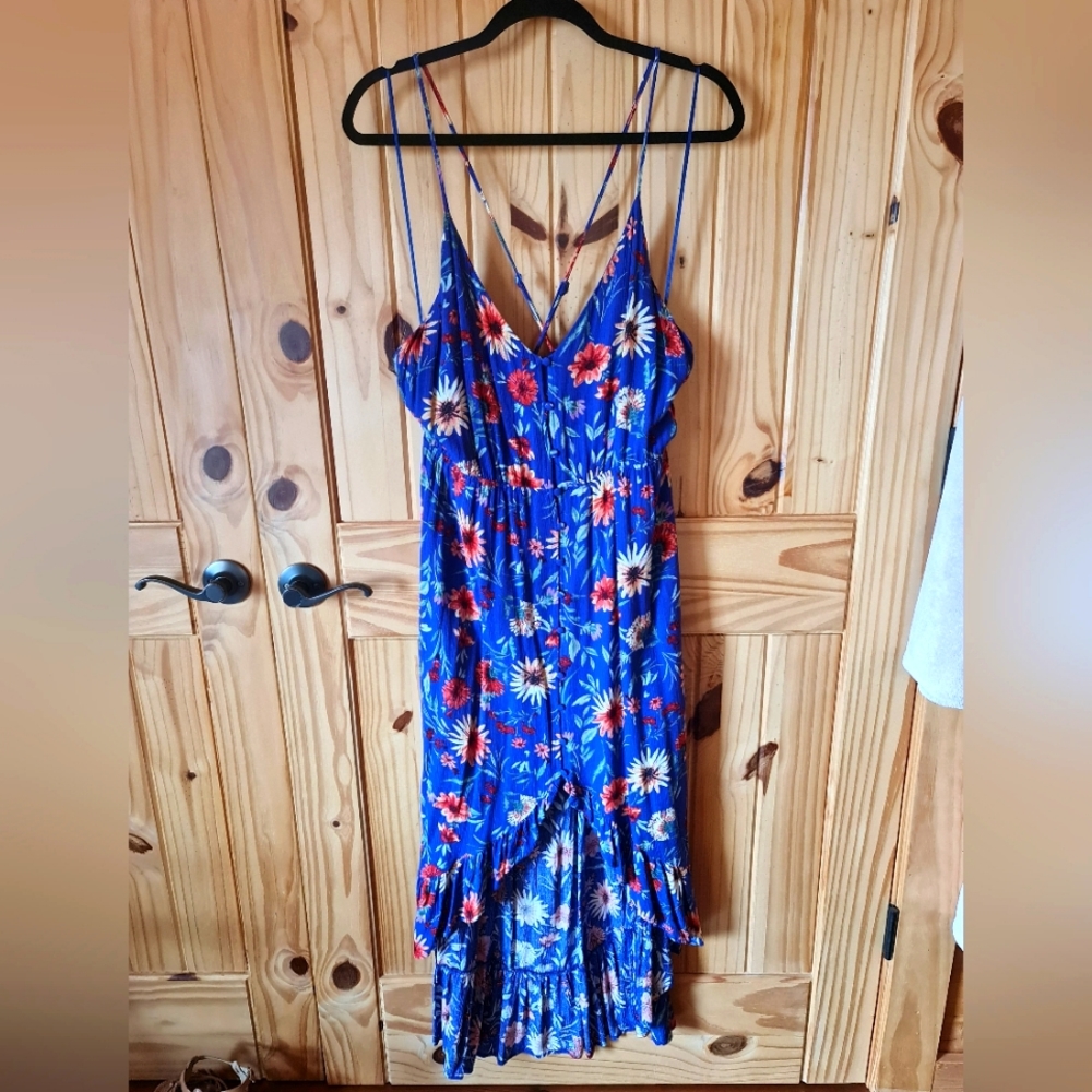 Lunik Spaghetti Strap Hi Low V Neck Sundress Blue Floral Lined to Knee Size L